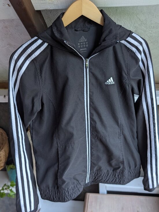 adidas Jackets & Blazers - Y2K Adidas Black White Three Stripe Classic Zip Up Hooded Windbreaker Track